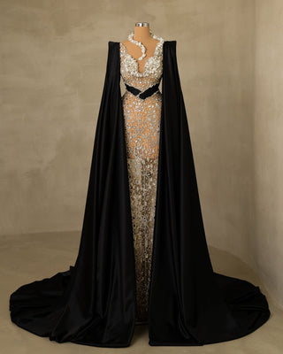 Stunning Stones-Adorned Side Cape Dress for a Touch of Glamour