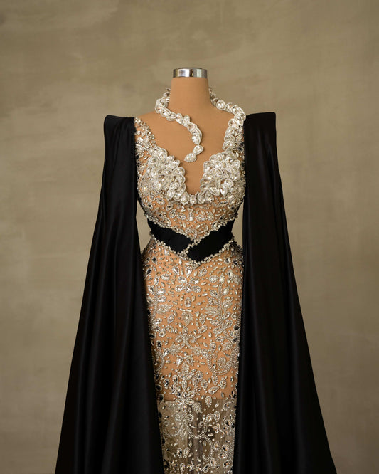 Elegant Side Cape Dress with Glistening Stone Embellishments