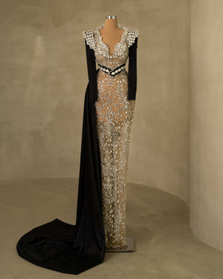 Stunning Dress Featuring Side Tail Design Adorned with Shimmering Stones and Crystals