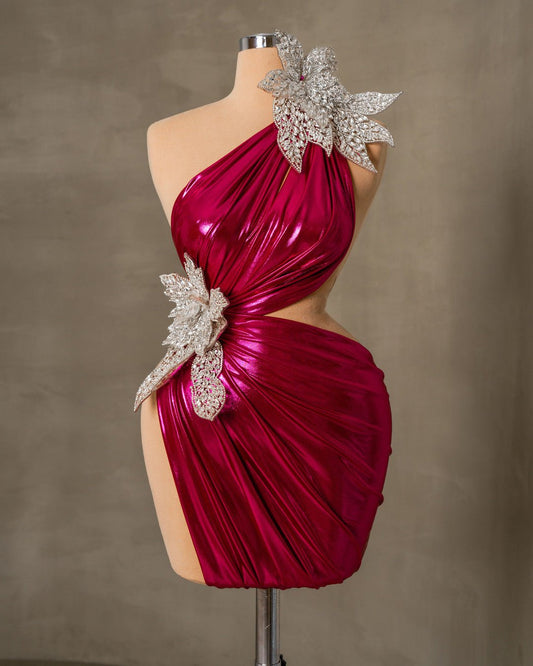 Short Pink Dress with Silver Flower Shoulder Embellishment