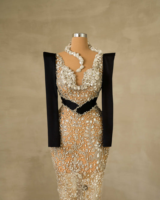 Chic Dress with Intricate Neck Detail and Stunning Stone Embellishments