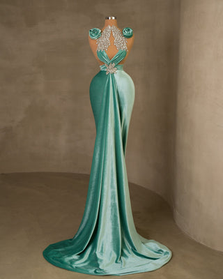 Elegant Sleeveless Aqua Long Velvet Dress