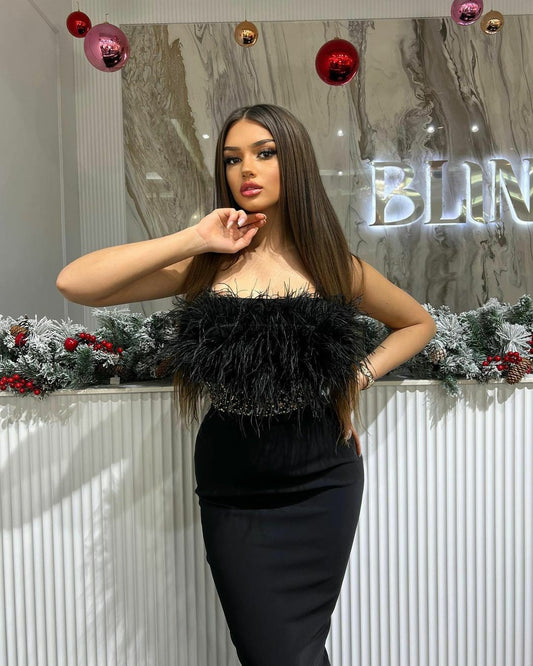 Elegant Black Maxi Dress - Thin Straps, Feather Bodice, and Stone Embellishments