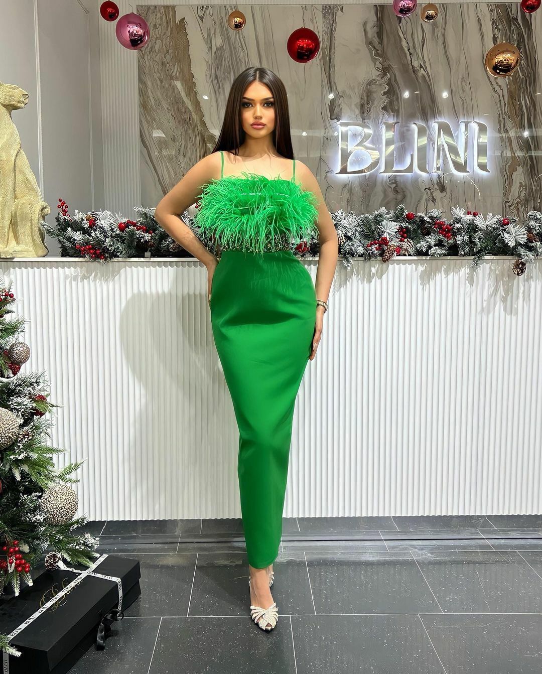 Chic Green Evening Gown - Long Length with Feather and Stone Details