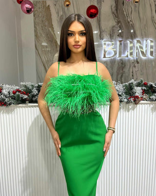 Elegant Maxi-Length Green Dress - Thin Straps, Feather Bodice, and Stone Embellishments