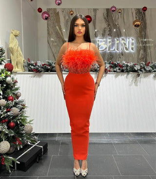 Chic Orange Evening Gown - Long Length with Feather and Stone Details