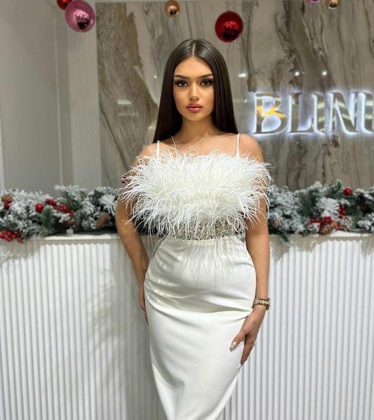 Elegant Maxi-Length White Dress - Thin Straps, Feather Bodice, and Stone Embellishments