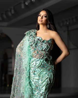 Aqua One-Shoulder Dress in Luxury Lace
