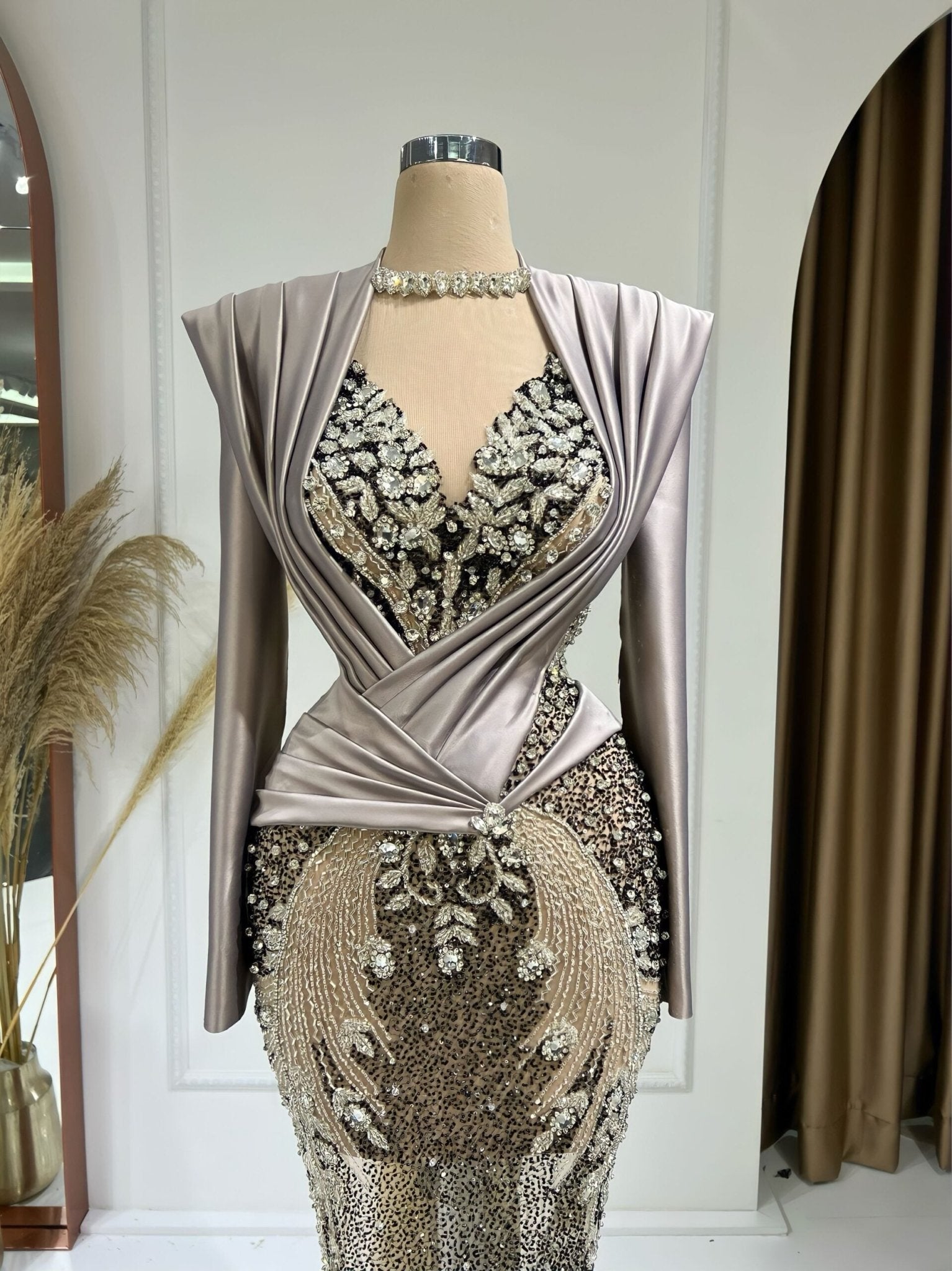 CrystalsLong DressLong SleevesWomen - Blini Fashion House