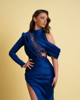 Stylish Blue Satin Dress with Daring Slit