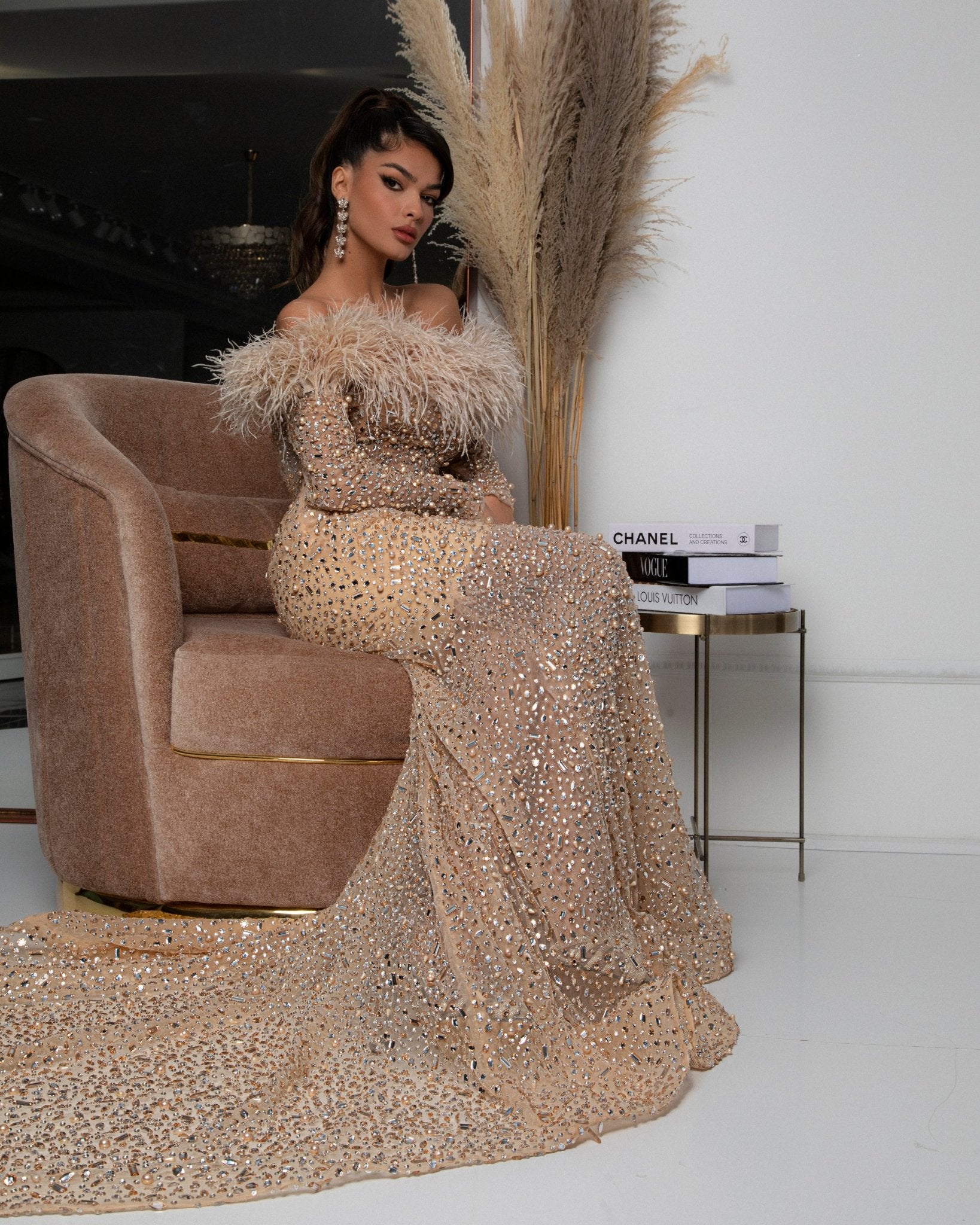 BeigeCrystalsLong DressWomen - Blini Fashion House