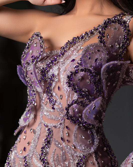 Intricate 3D Lace Detailing on One Shoulder Dress 