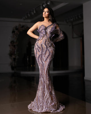 Purple Crystal Embellished Long One Shoulder Gown – Timeless Style