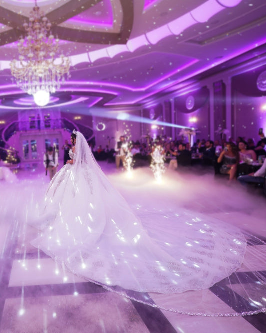 Luxurious white bridal gown with crystal lace