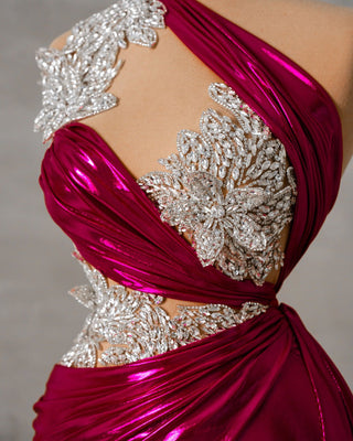 Close-Up Detail of Pink Dress Bodice with Silver Crystals