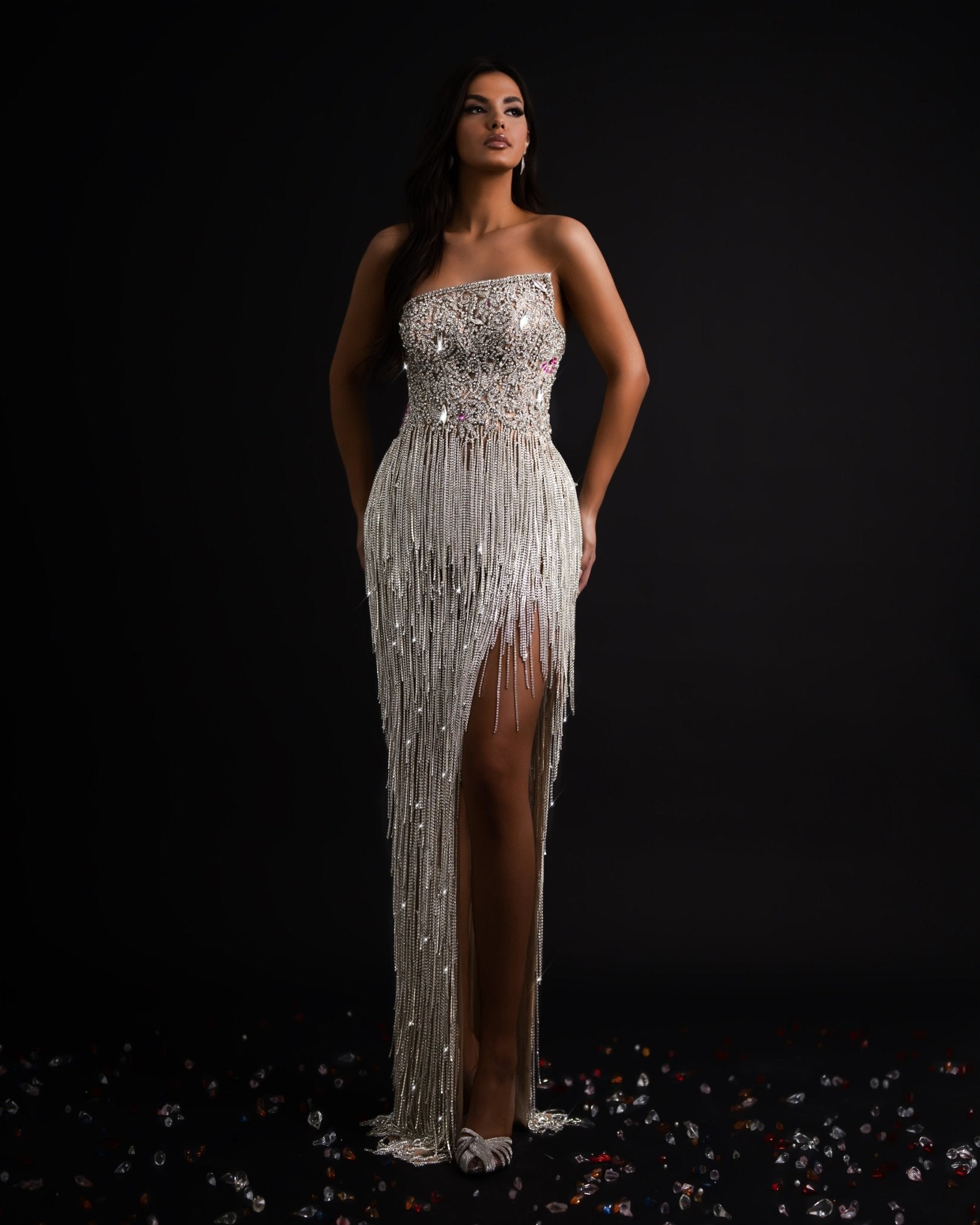 Sleeveless Silver Tassel Dress with Stones