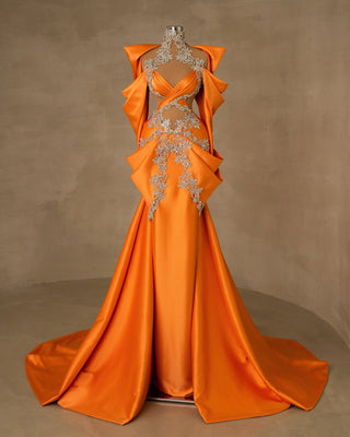 Elegant Satin Orange Gown - Waist and Chest Cut-Outs