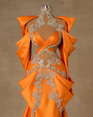 Satin Orange Dress with Cut-Outs - Front View