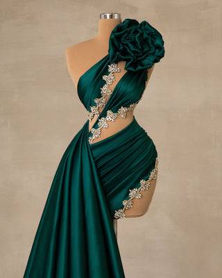 Green Satin Short Dress with Side Tail - Elegance in Green