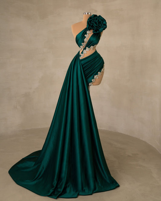 Stylish Green Satin Dress - Short Length with Side Tail