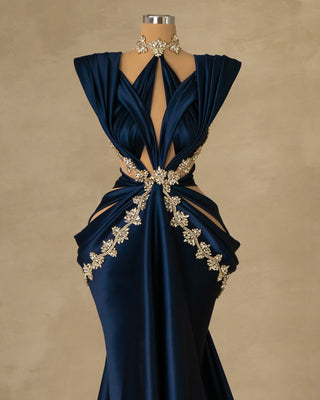  Dark Blue Satin Cut-Outs Dress