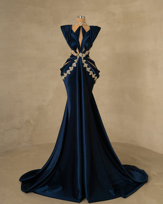 Stylish Evening Attire - Dark Blue Satin Cut-Out Dress