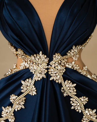 Fashionable Blue Satin Dress - Waist Cut-Out Design