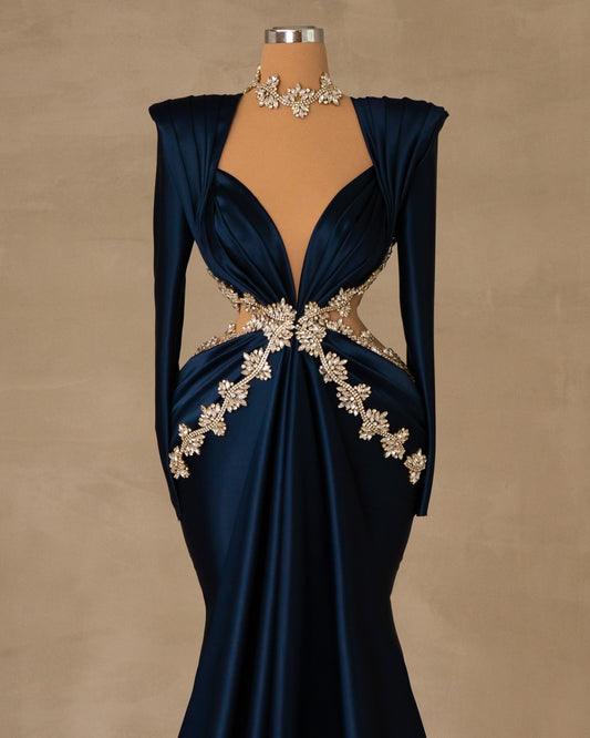 Dark Blue Satin Dress with Waist Cut-Out - Front View