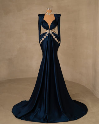 Dark Blue Satin Dress with Waist Cut-Out - Front View