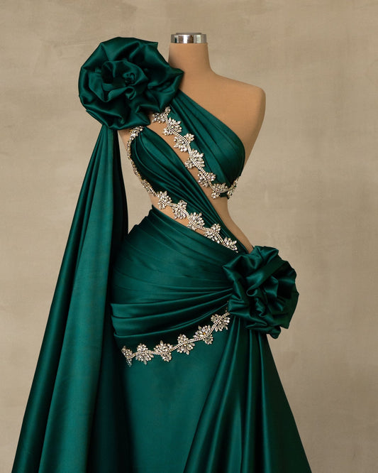 Green Satin Dress with Elegant Side Cape