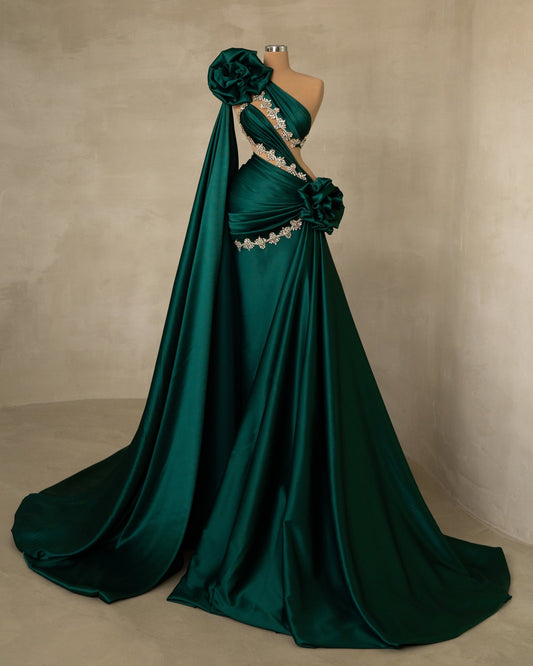 Luxurious Green Satin Gown with Dramatic Side Tail