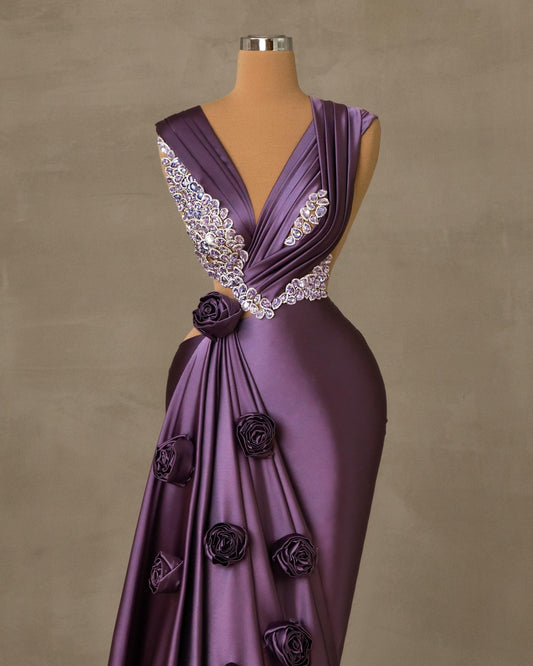 Sleeveless Dress in Purple Satin - Front View