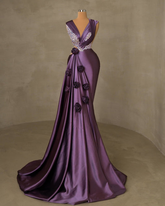Elegant Purple Satin Sleeveless Gown for Special Occasions