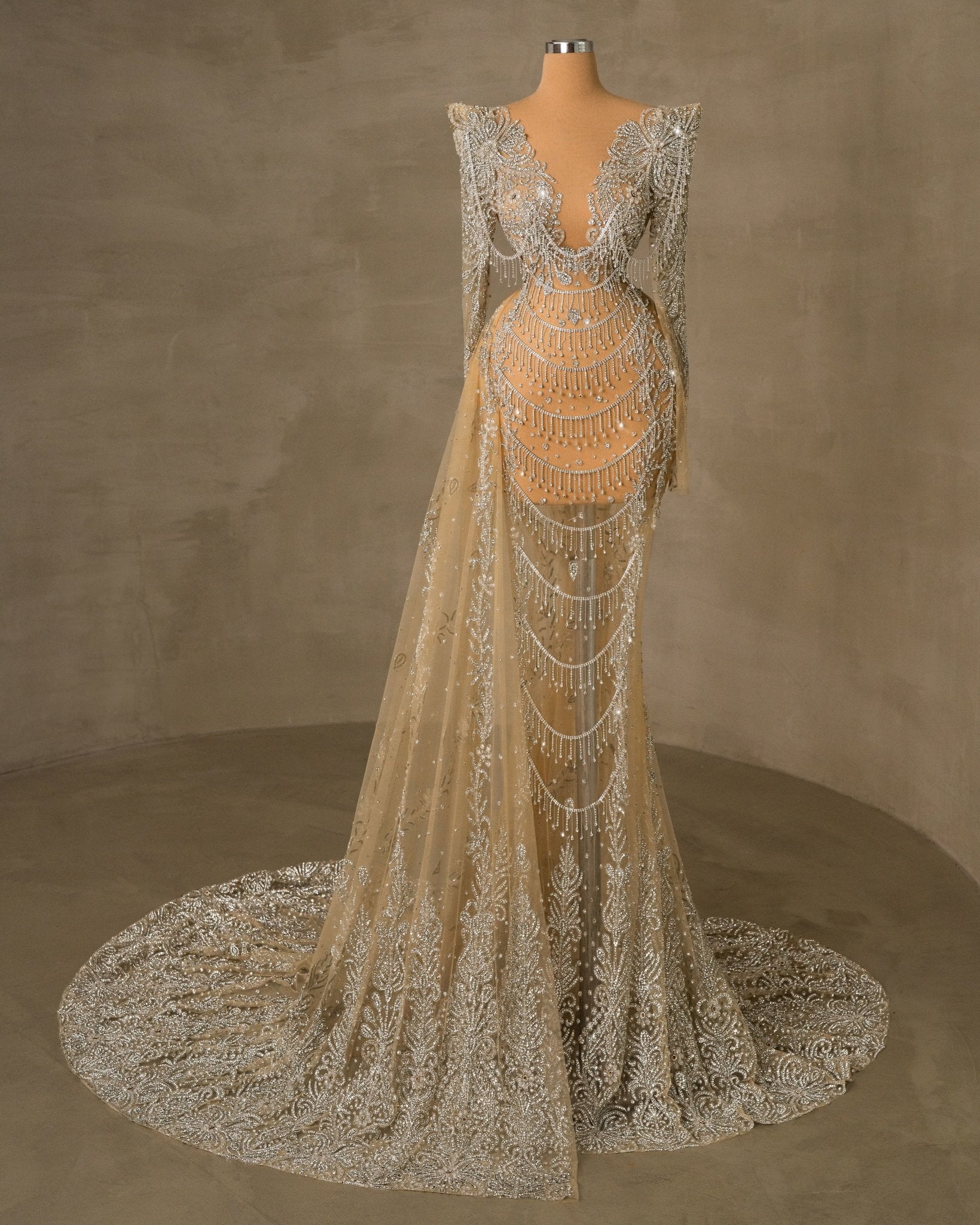 Elegant Silver Evening Gown with Long Sleeves