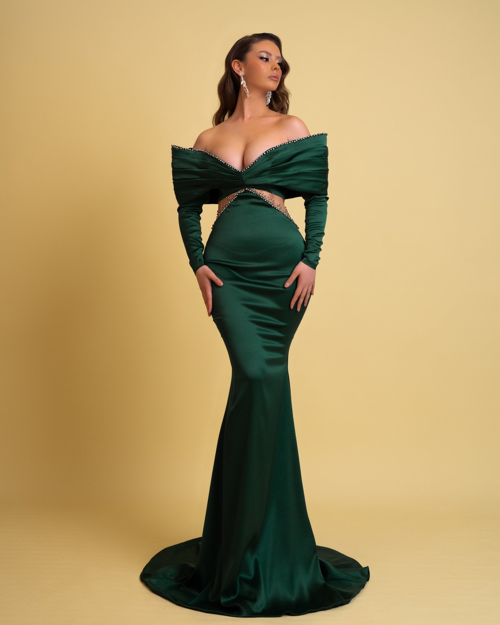 Green Satin Tiered Maxi Dress With Embroidered Jacket – Inddus.com