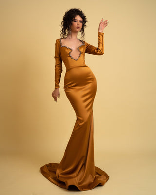 Samantha Asymmetrical Neckline Mustard Satin Dress with Stones