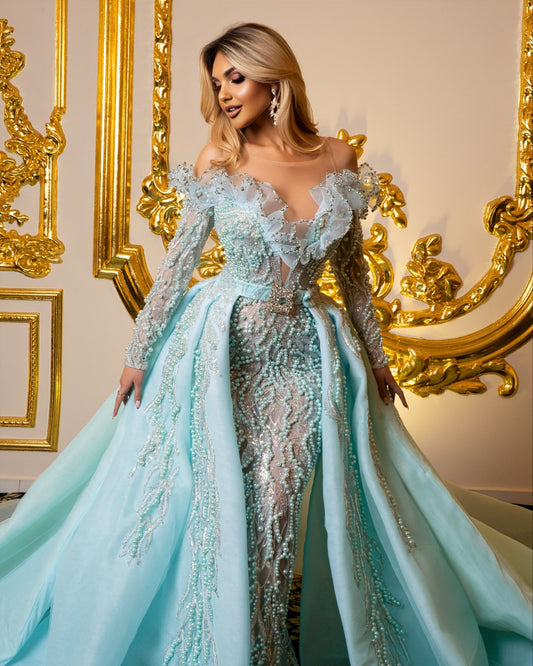 Elegant Off Shoulder Dress with Pearls and Graceful Overskirt - Shop Now