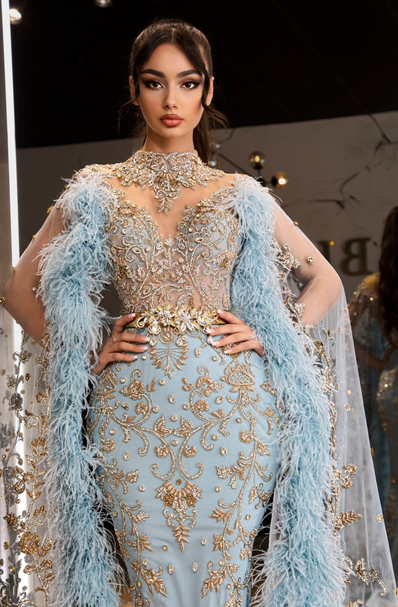 FeathersHigh NeckLight BlueWomen - Blini Fashion House