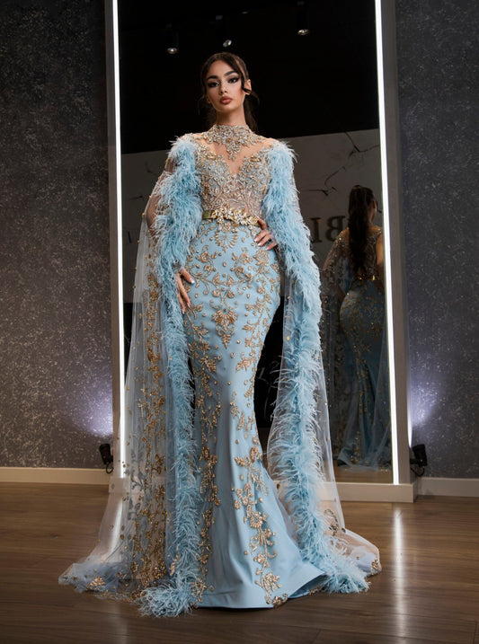 FeathersHigh NeckLight BlueWomen - Blini Fashion House