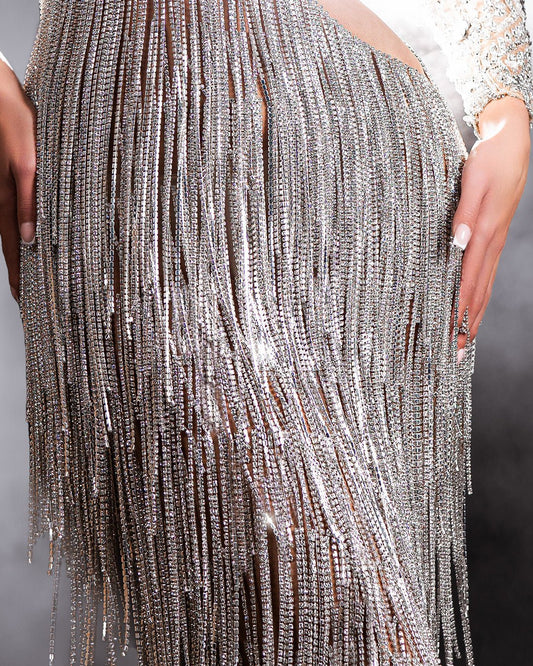 Close-Up of Silver Dress Bodice with Stone and Flower Embellishments