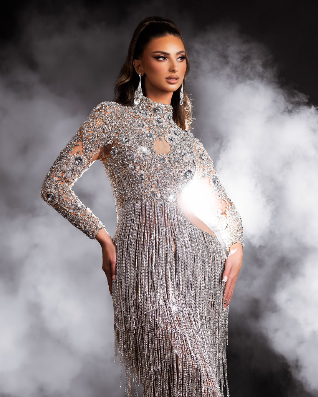 Elegant Silver Evening Gown with Bodice Embellishments