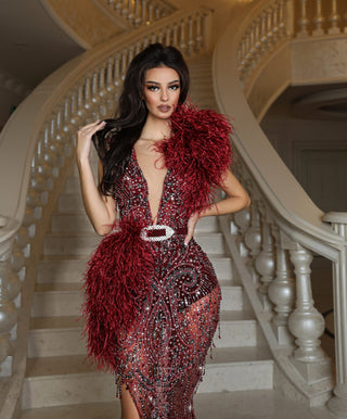 Ruby Crystal Dress Embellished with Feathers - Blini Fashion House Crystals  Feathers Green – Blini Fashion House