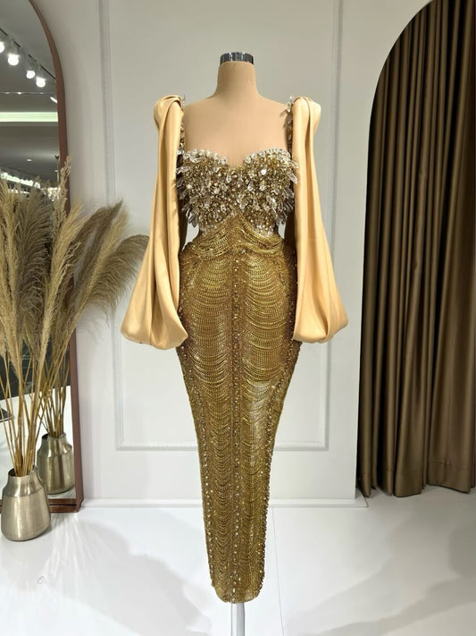 CrystalsGoldLong DressWomen - Blini Fashion House