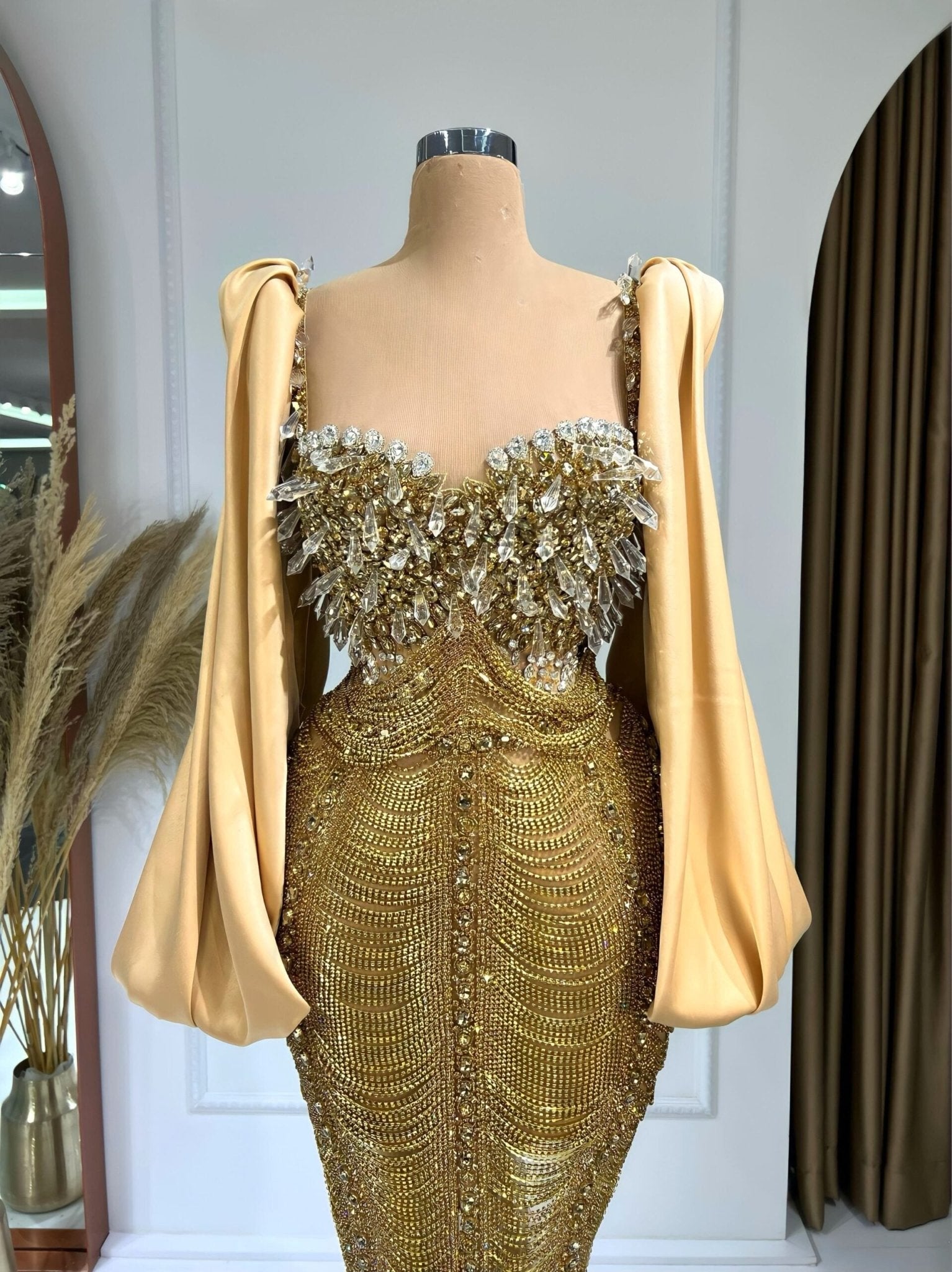 CrystalsGoldLong DressWomen - Blini Fashion House