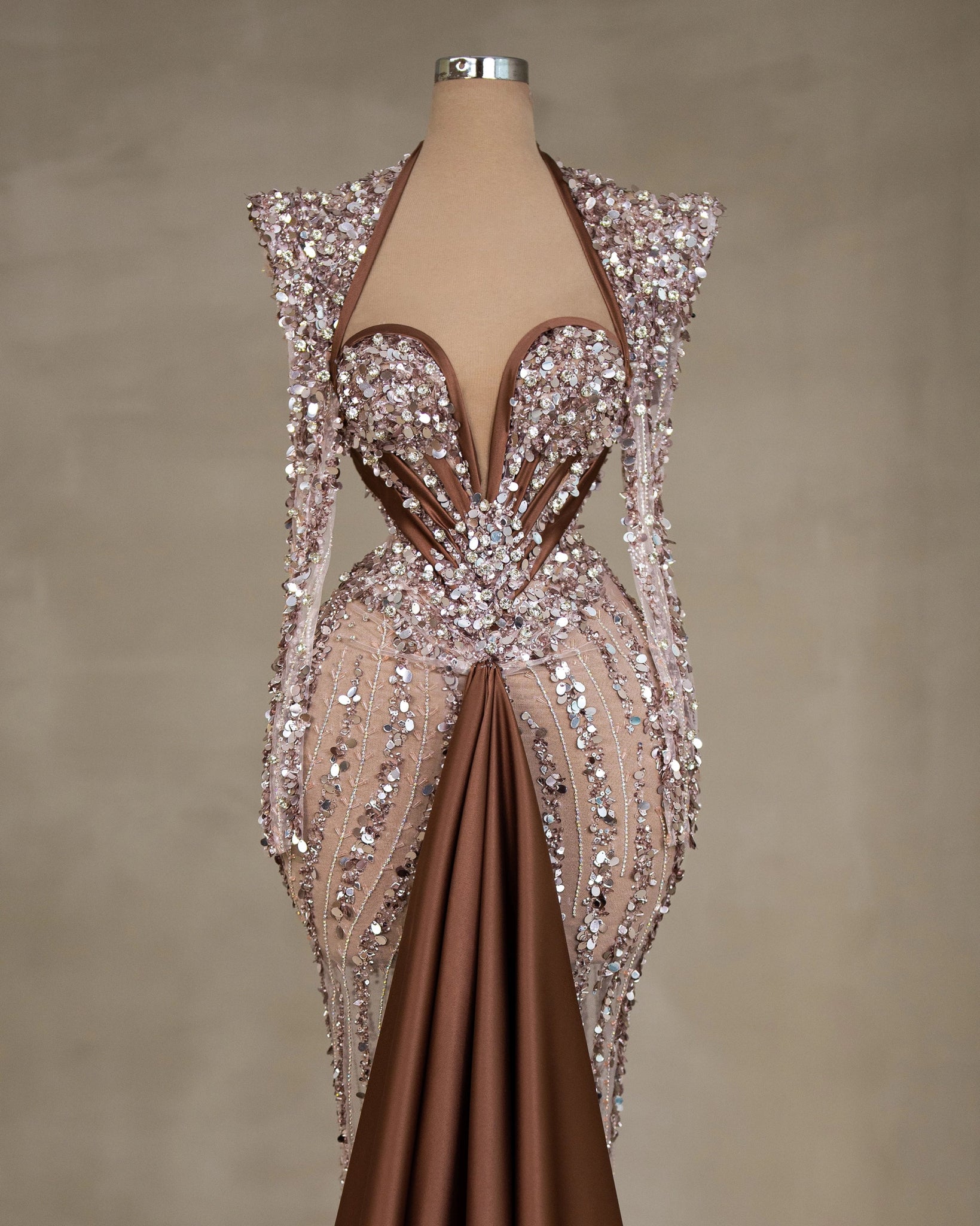 Long Sleeve Brown Dress - Elegant Evening Attire