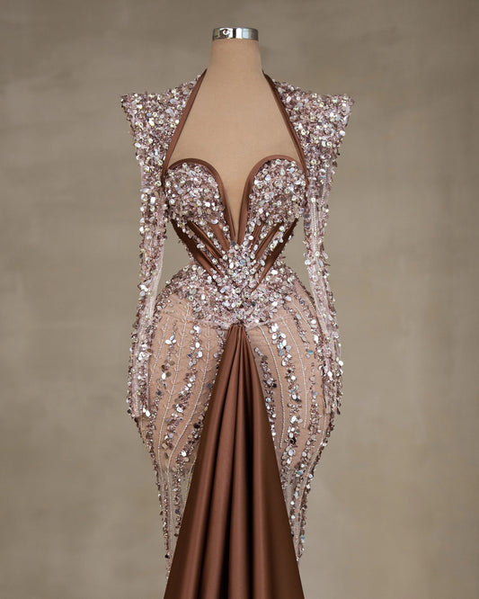 Long Sleeve Brown Dress - Elegant Evening Attire