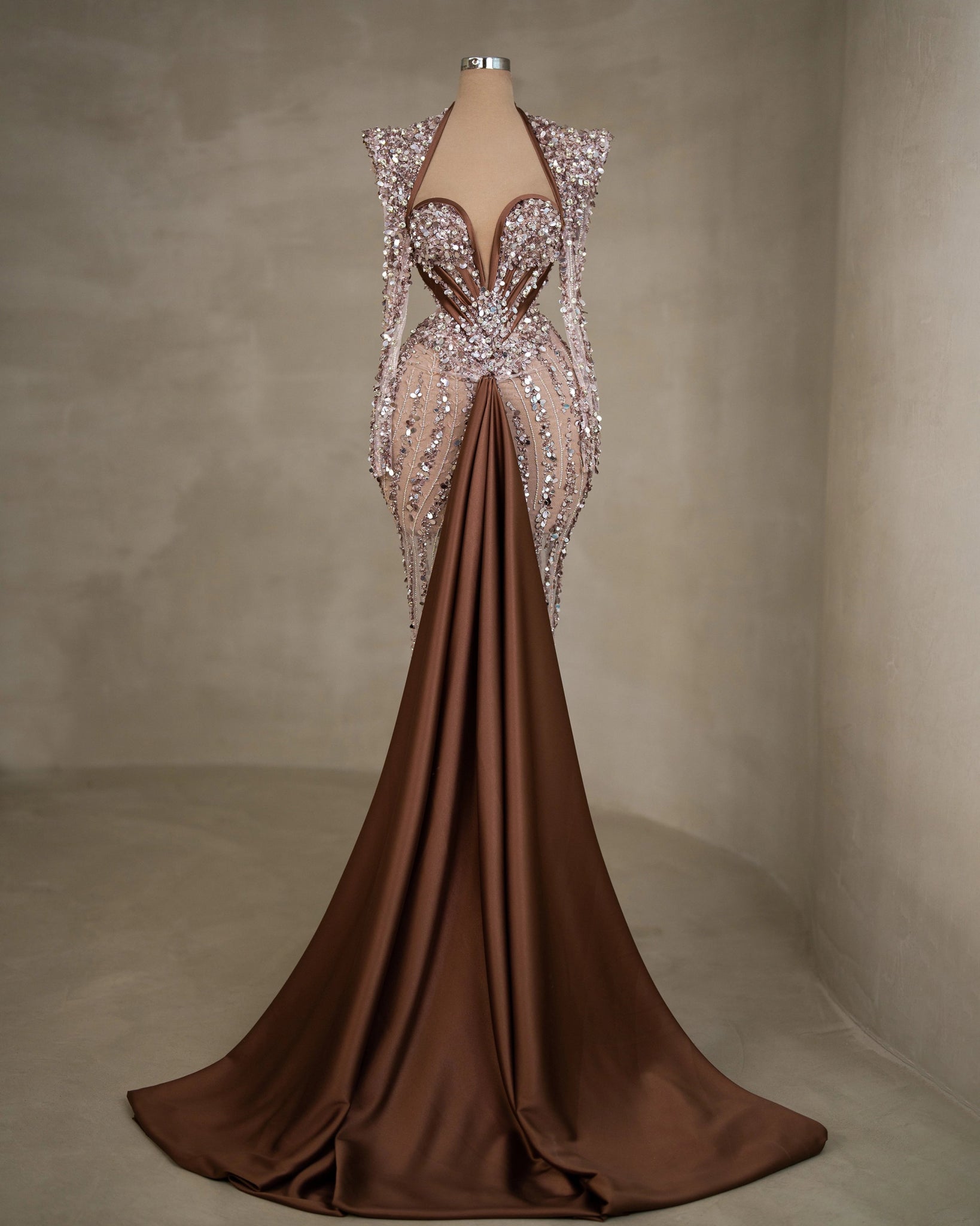 Brown Formal Dress with Long Sleeves - Fashionable Outfit