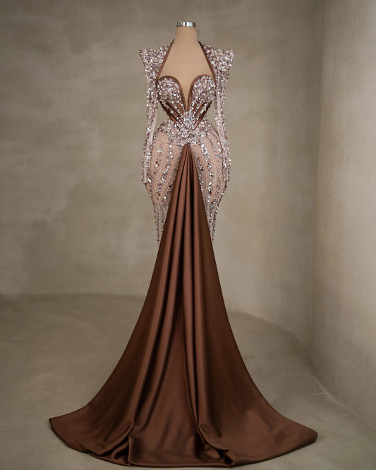 Brown Formal Dress with Long Sleeves - Fashionable Outfit