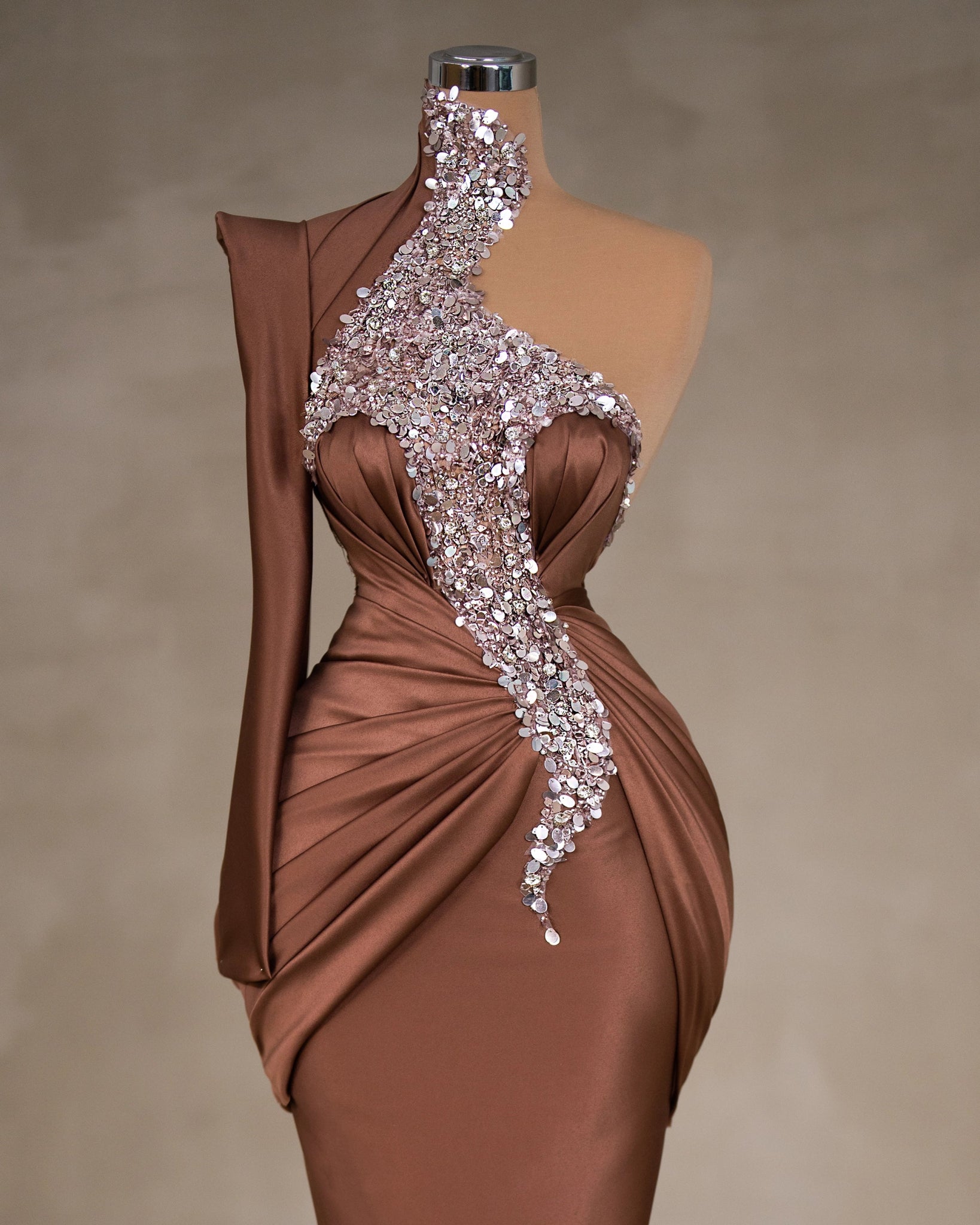 One Shoulder High Neck Dress - Elegant Satin Attire