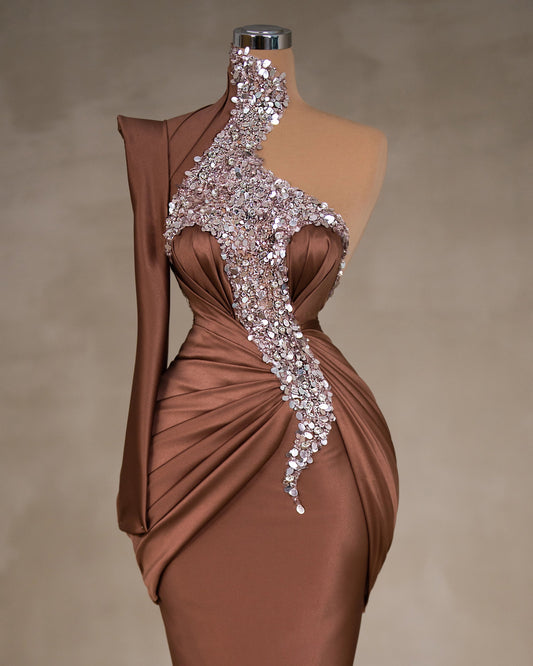 One Shoulder High Neck Dress - Elegant Satin Attire